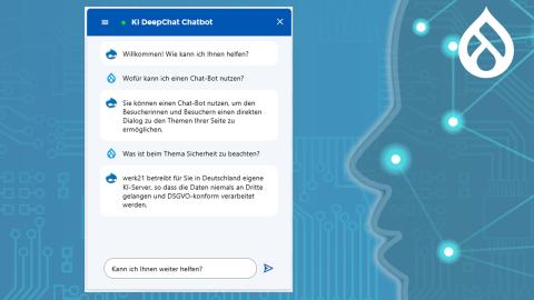 Screenshot einer Chatbox auf einem KI-Symbolhintergrund und einem Drupal-Logo